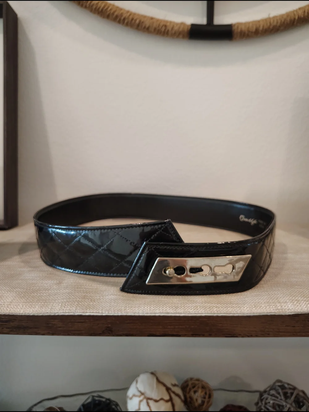 Vintage 80s Omega Black Quilted Patent Leather Belt with Silver-Tone Buckle